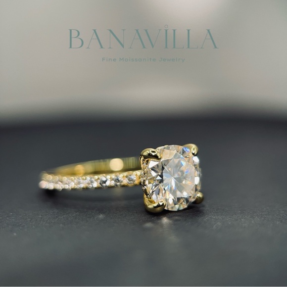 S925 in 14K Gold Plating Hidden Halo Engagement Ring 2ct Moissanite Diamond - Picture 3 of 10